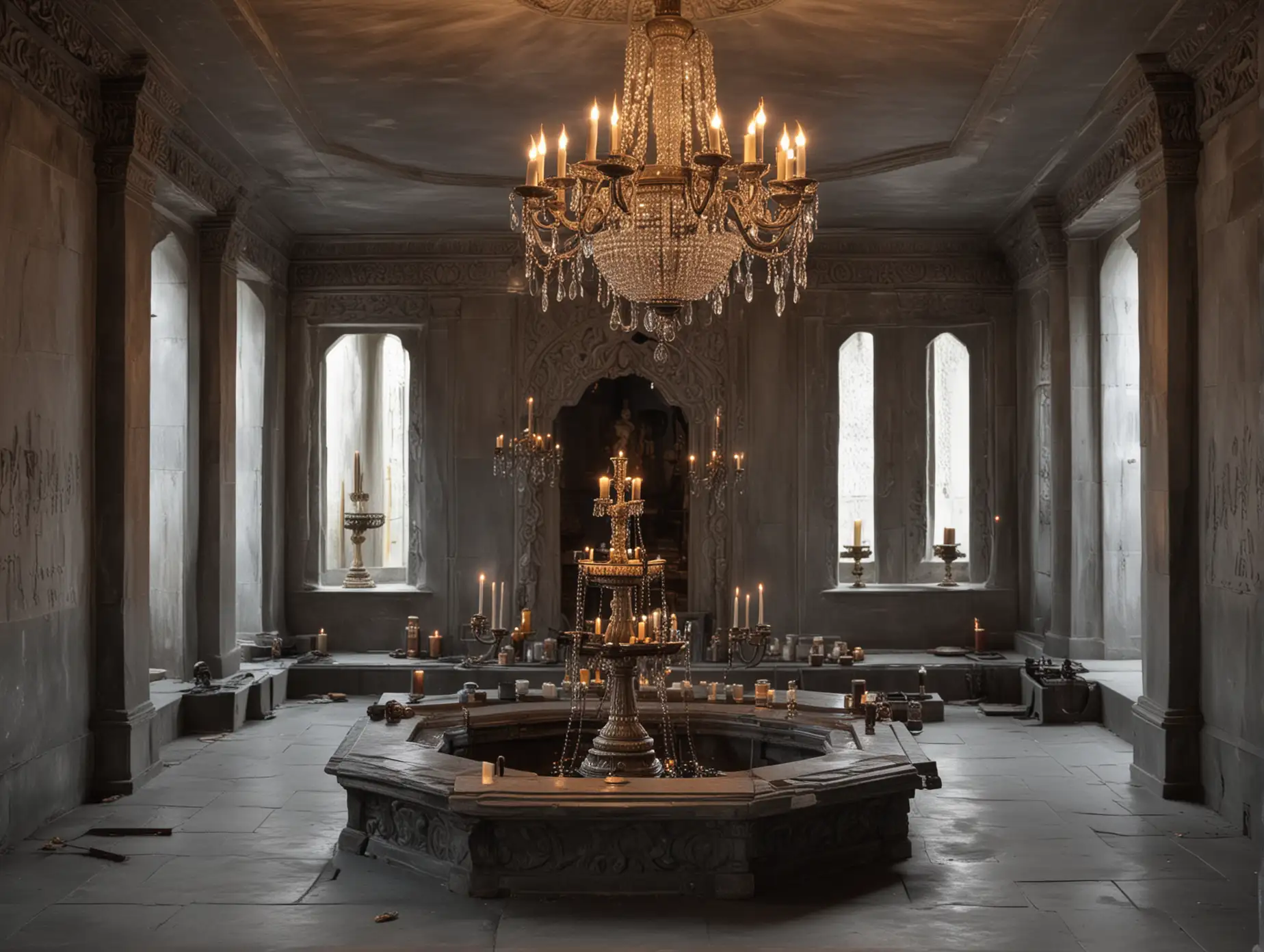 Mystical-Temple-Interior-with-Chandelier-and-Basin