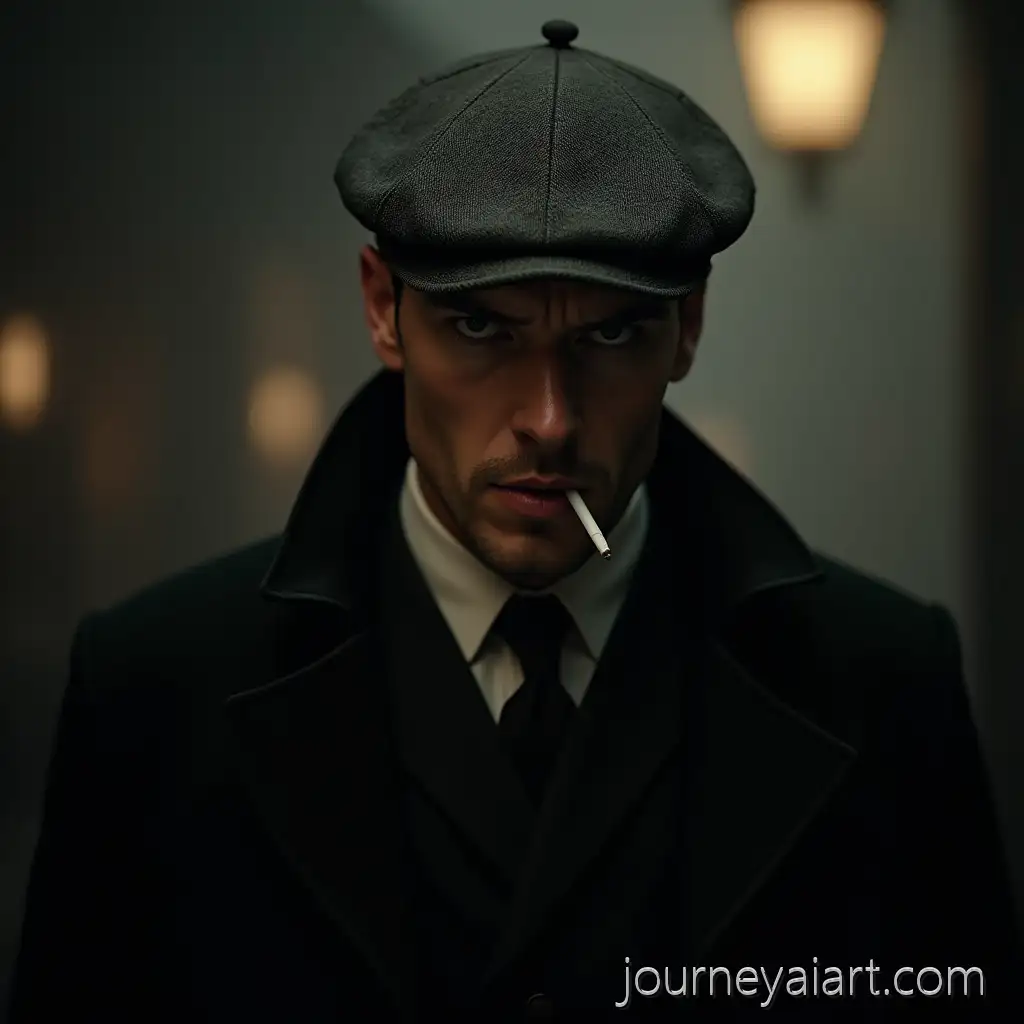 Peaky-Blinders-Style-Portrait-of-a-SharpFaced-Man-in-Grey-Flat-Cap-and-Black-Overcoat