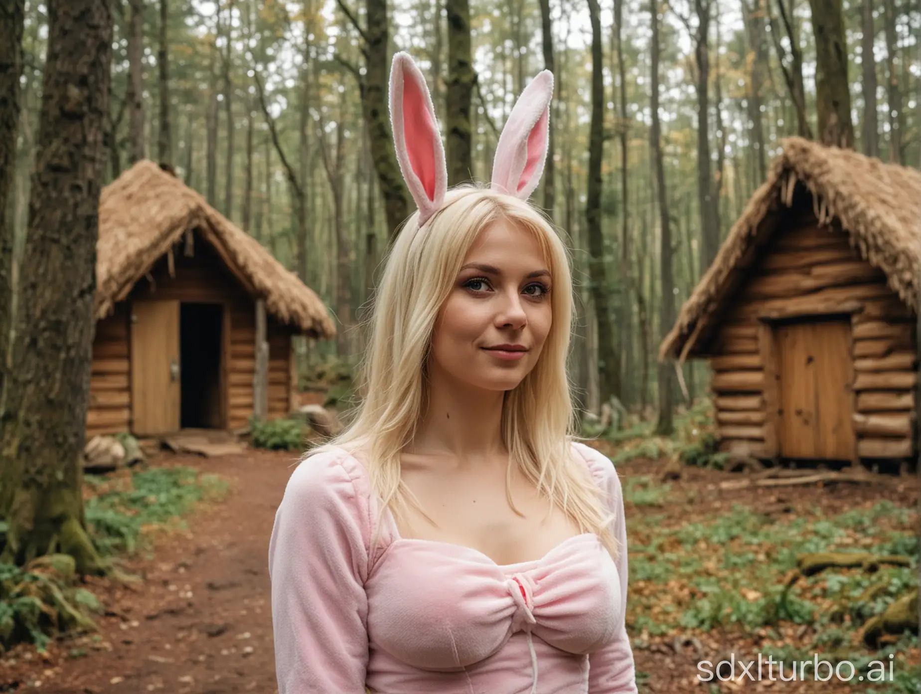 a Blonde woman is wearing a bunny costume. In the background, you can see a hut in the forest.