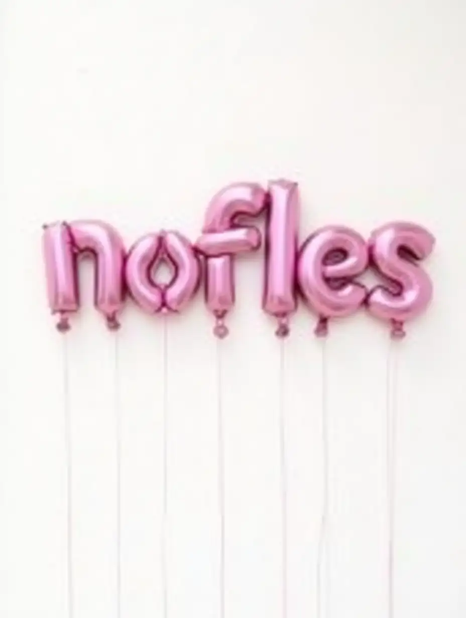 Photo of the word 'nofles' in lower case on a plain white background. Each letter of the word is printed on a pink heart shaped helium balloon. All the balloons are different shades of pink and reds. Each balloon is attached to the bottom with a string and is floating at a slightly different height in the frame. The word fits within the frame without cropping