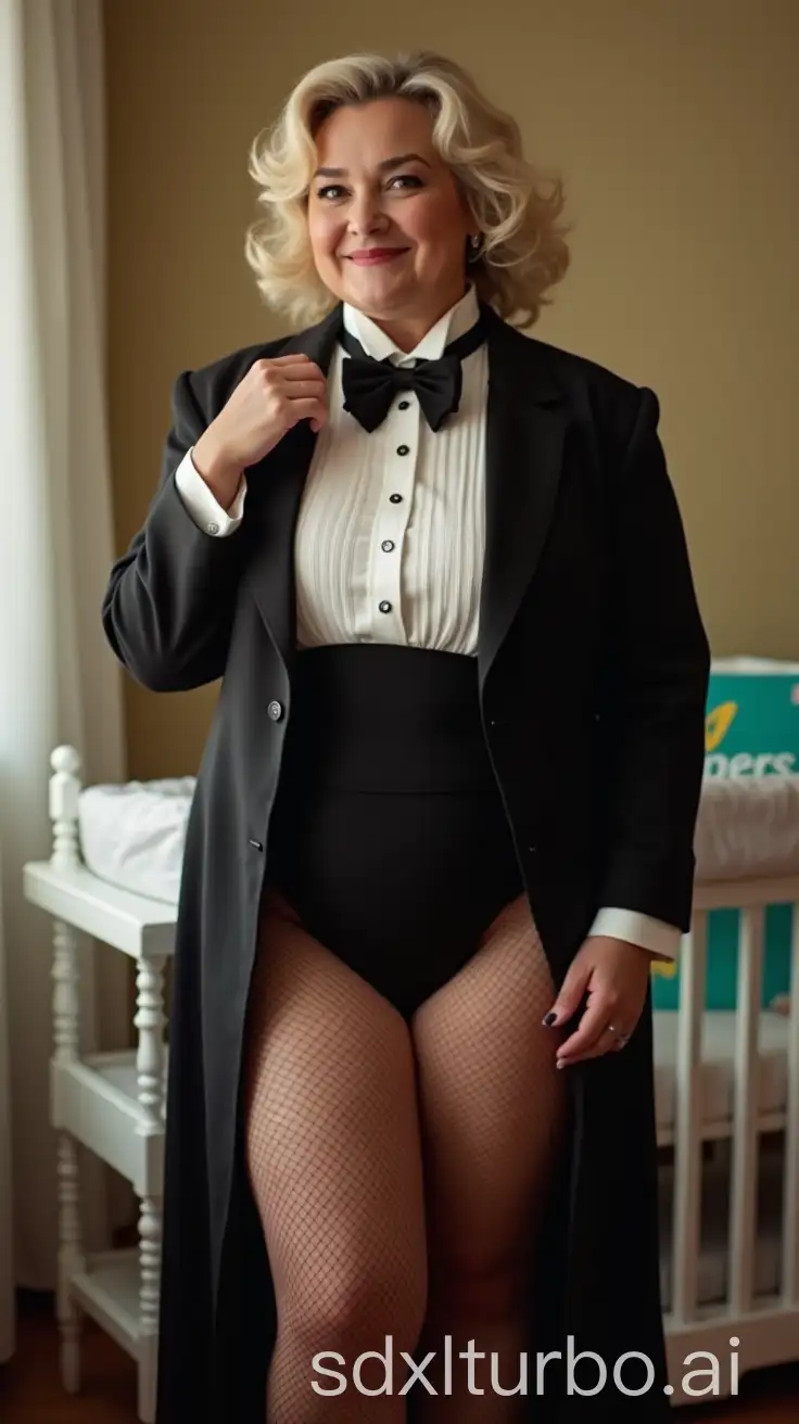 Caucasian-Woman-in-Formal-Orchestra-Tuxedo-by-Nursery-Changing-Table-with-Pampers-Diapers