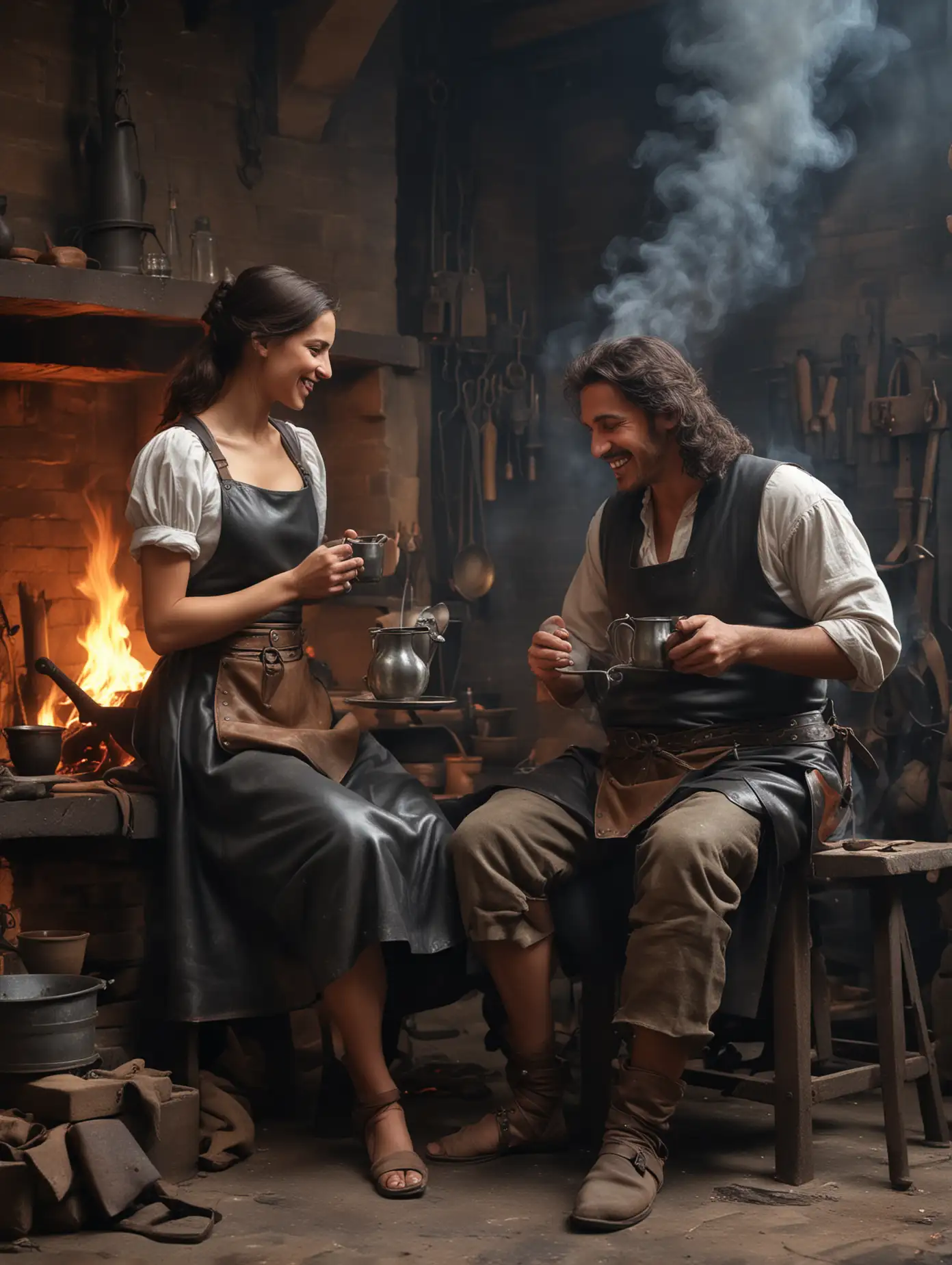 A beautiful woman with a blacksmith's leather apron, bare legs, bare arms is sitting between an middle-aged Arab and a young one, drinking coffee, laughing; in a dark 17 century forge with a burning hearth, counter and anvil; dark misty atmosphere, air filled with smoke in the background, close view, high-detailed, photo realistic picture