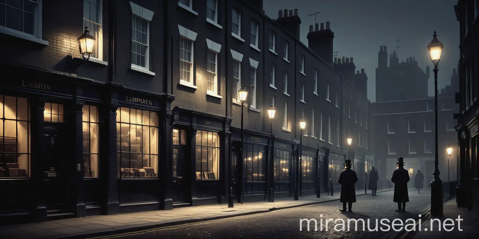 Victorian London Street Scene with Electric Lampposts and Typewriters