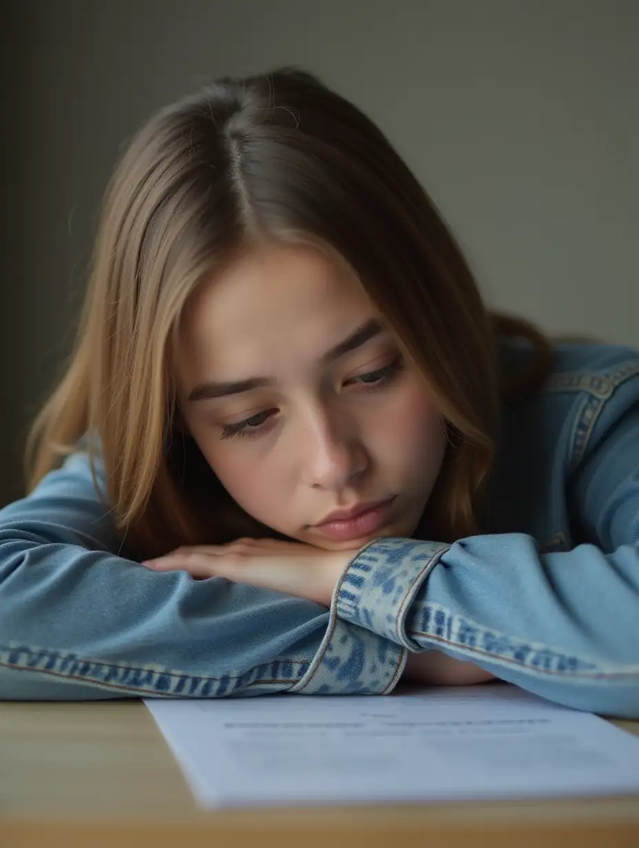 A young woman with shoulder-length light brown hair, around 20-22 years old, wearing a denim jacket, tiredly lowers her head onto her arms crossed on the table.