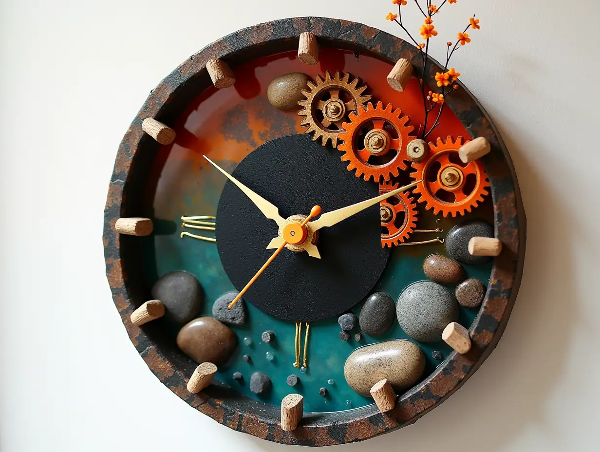 Resin harz wall clock with wood,stones  Water with gears,orange black,red gilded