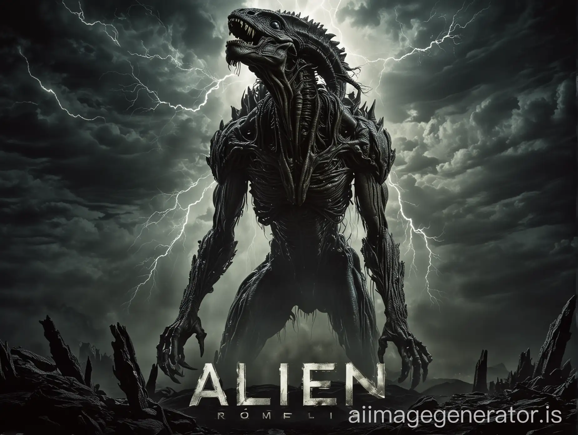 Alien: Romulus movie poster, large monster, dark background, lightning