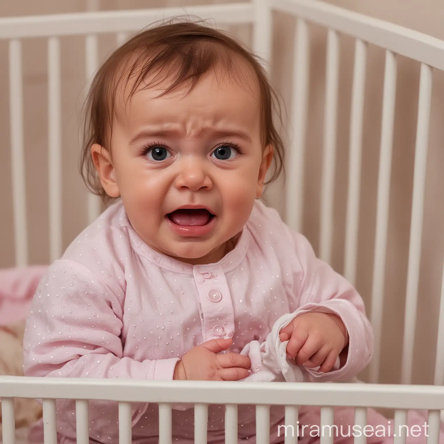 Distressed Baby Girl Crying in Crib Cot