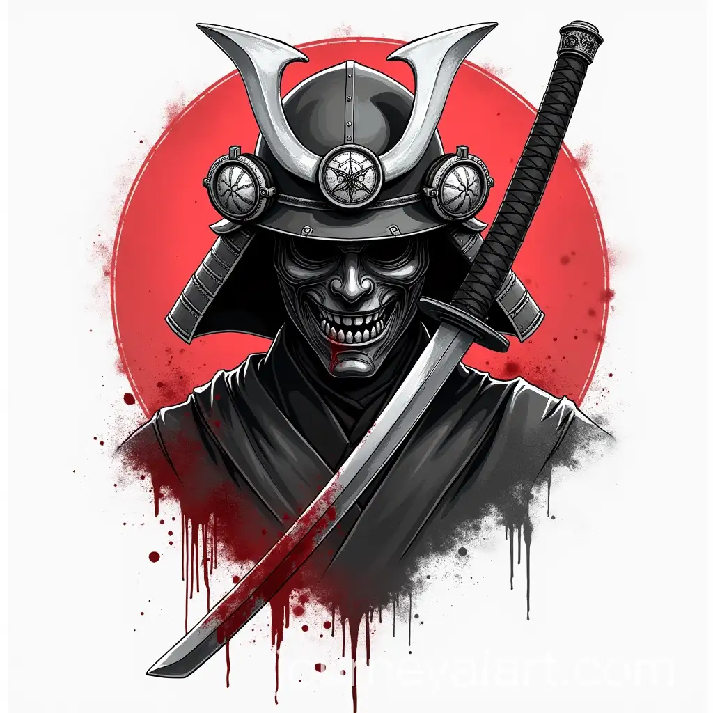 Samurai-Warrior-Tattoo-Sketch-with-Mask-and-Bloody-Katana