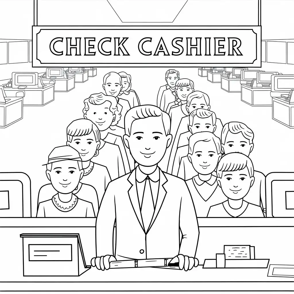 Busy Cashier Assisting Customers Cashing Checks in Black and White