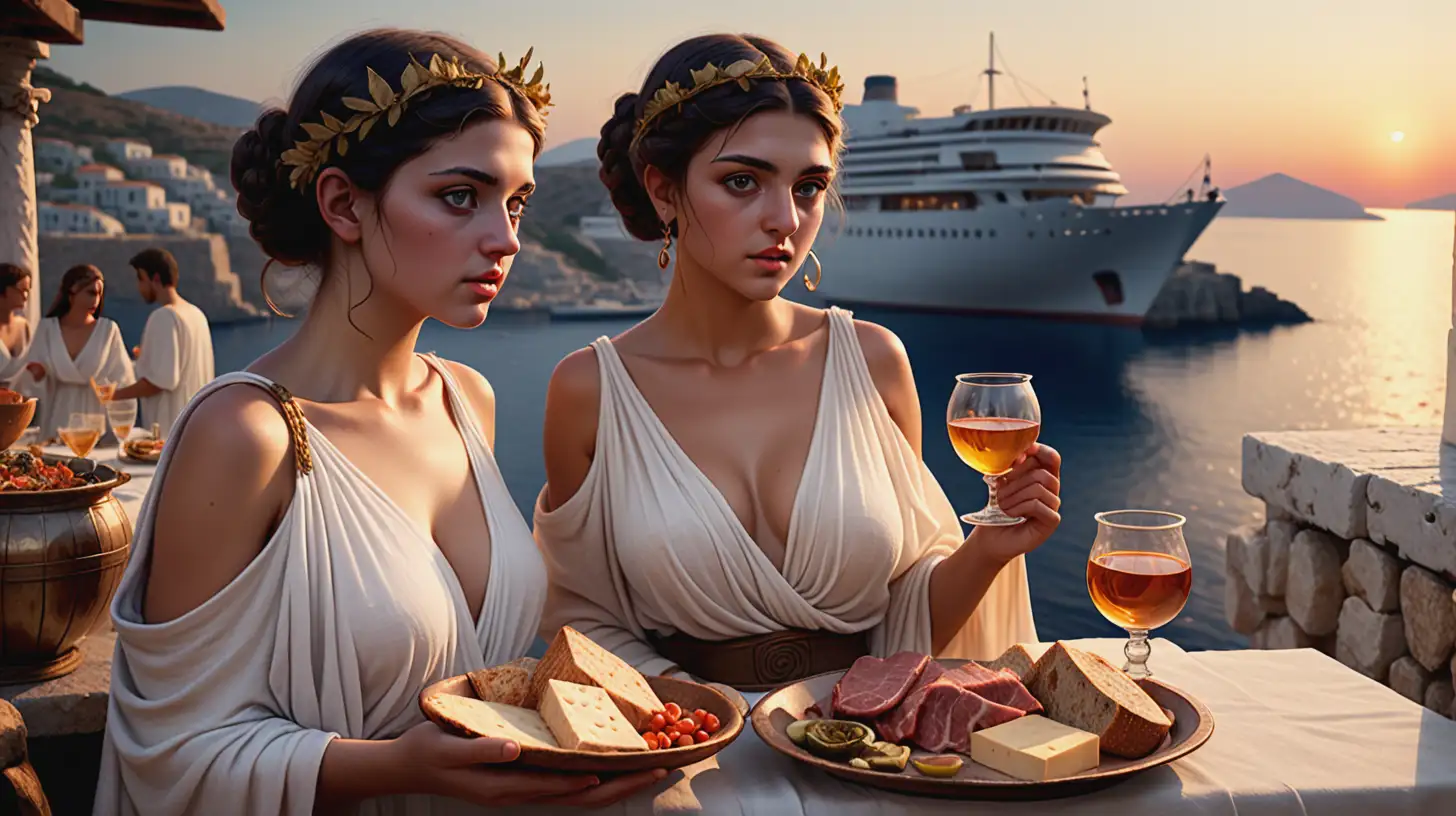 Ancient Greek Feast on Cliffside Overlooking Bay at Sunset