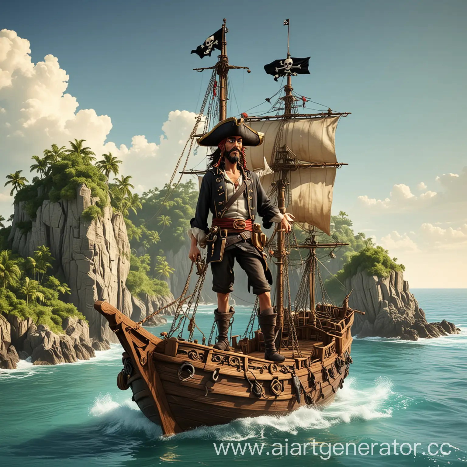 Cartoon-Pirate-Ship-Moored-to-Island-in-the-Sea