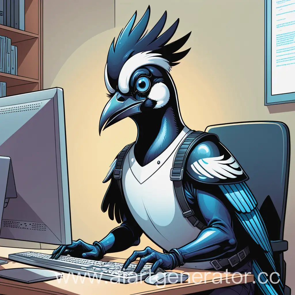 Magpie-Programmer-Working-at-Computer-in-Comic-Style