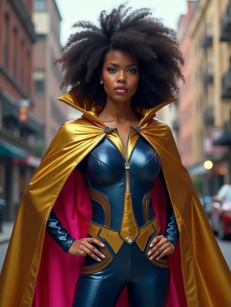 Black Female Superhero in Gold and Pink Cape Amidst Chaotic City