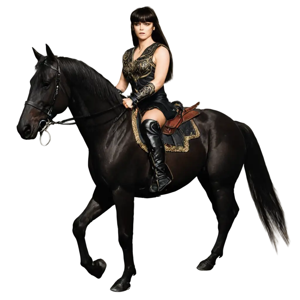 Xena-Warrior-Princess-Riding-a-Black-Horse-HighQuality-PNG-Image-for-Multiple-Uses