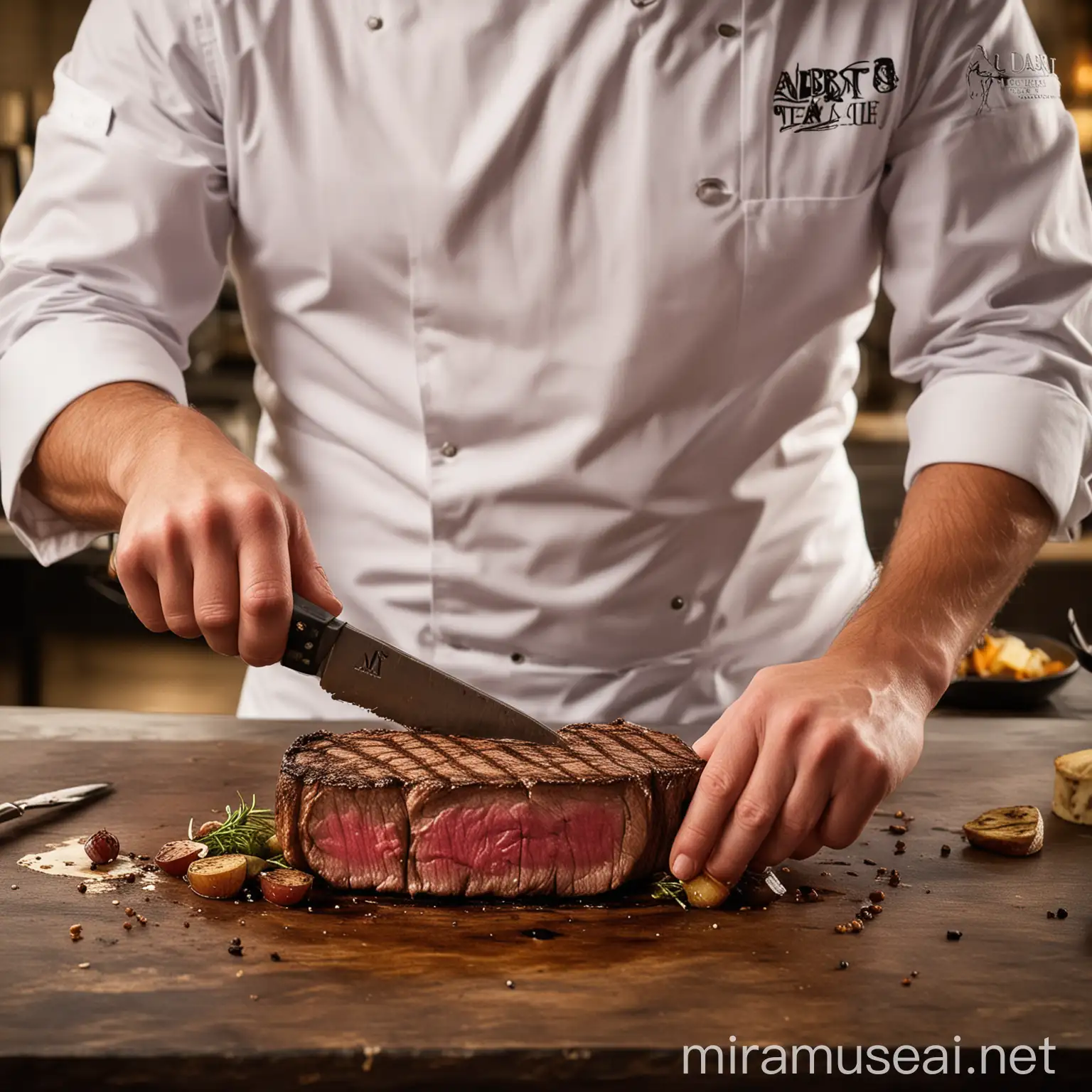 Skilled Chef Chopping Grilled Steak with Albert Logo