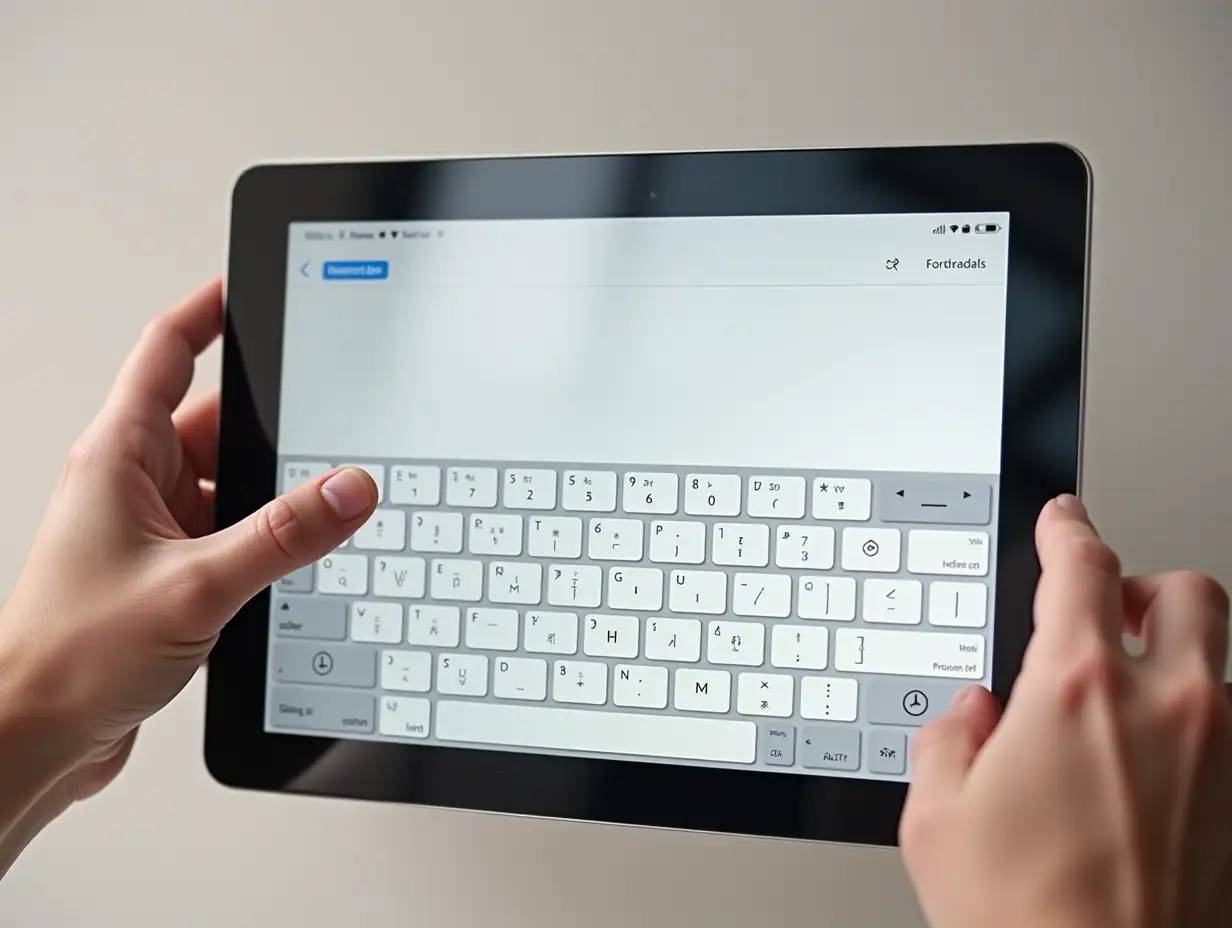 Use both index fingers to input text through the English keyboard on the touch screen of the tablet, with concise images and a top-down perspective,Blank background on tablet