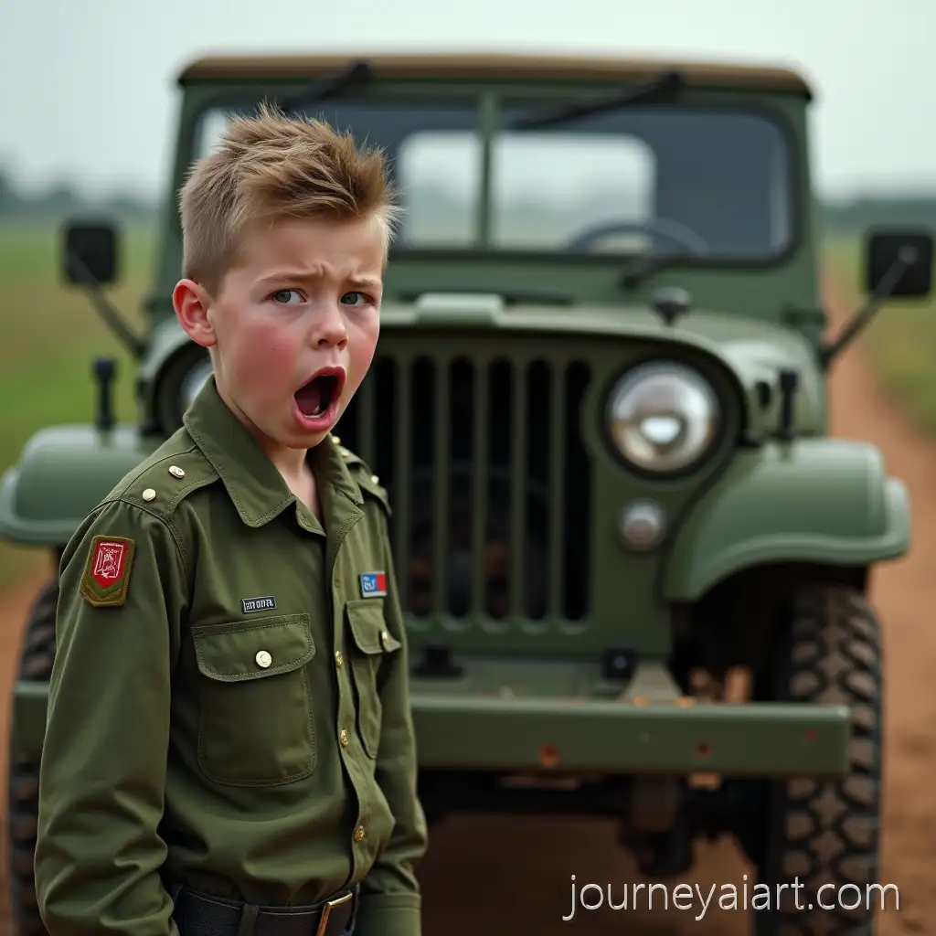 Surprised-Young-Soldier-Inspecting-Jeep-Engine-in-Rural-Landscape