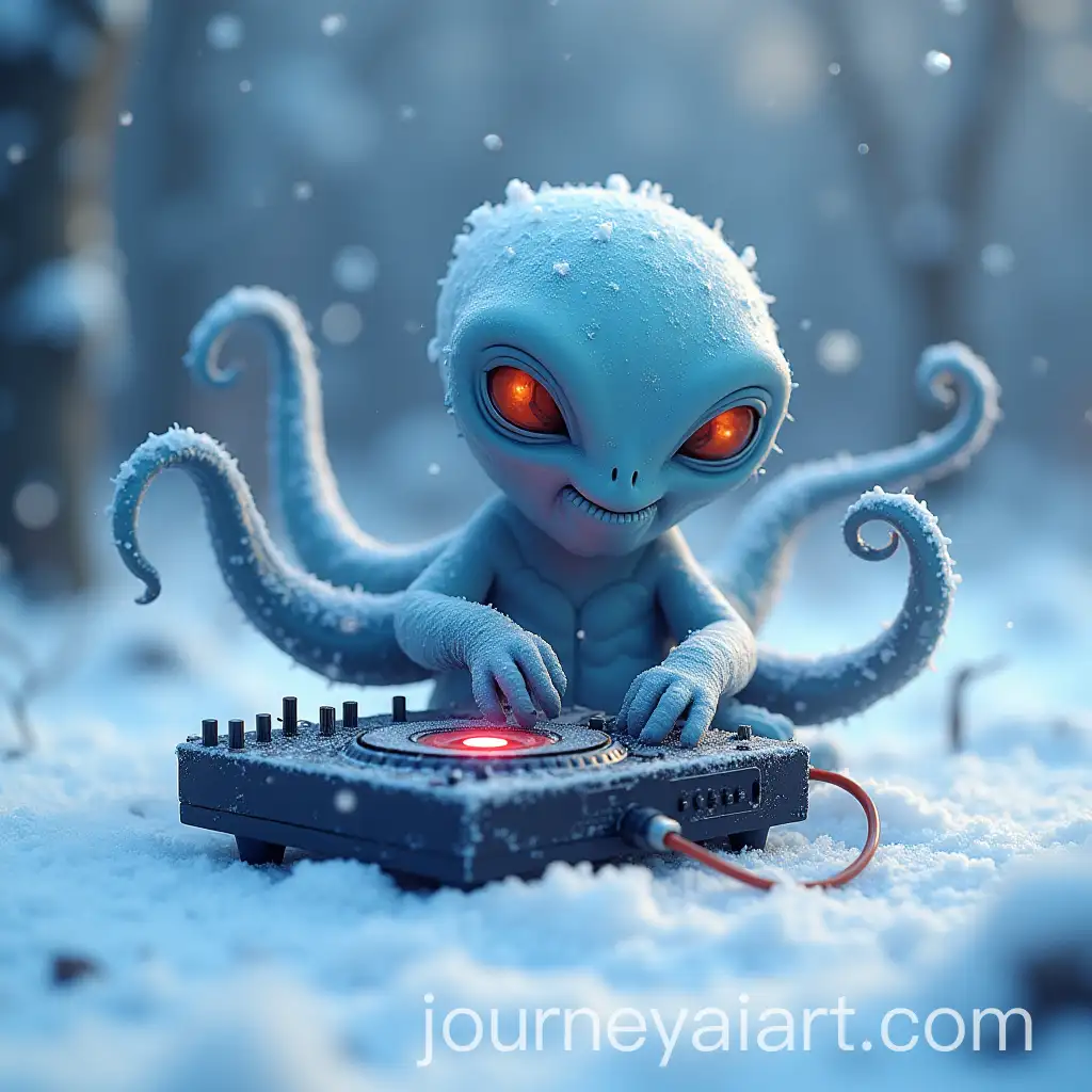 Octopuslike-Alien-DJing-for-Snowmen-in-a-Snowy-Landscape
