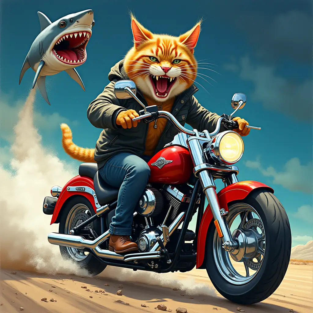 A one eyed cat riding a motorcycle , shark attack , meteor , musical poster  