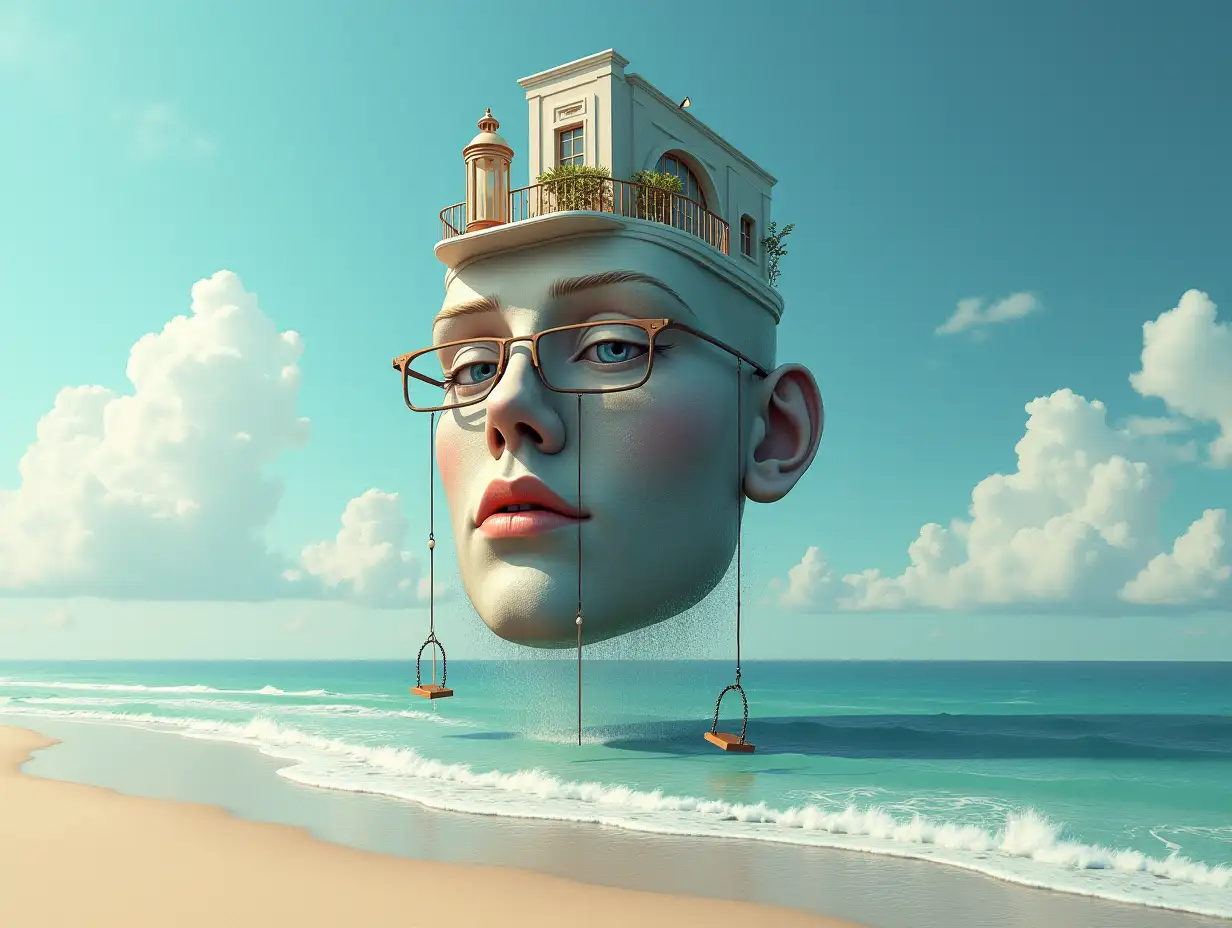 Face transforms into a tall building with terrace, lantern and hanging swing on the beach with waves and clouds