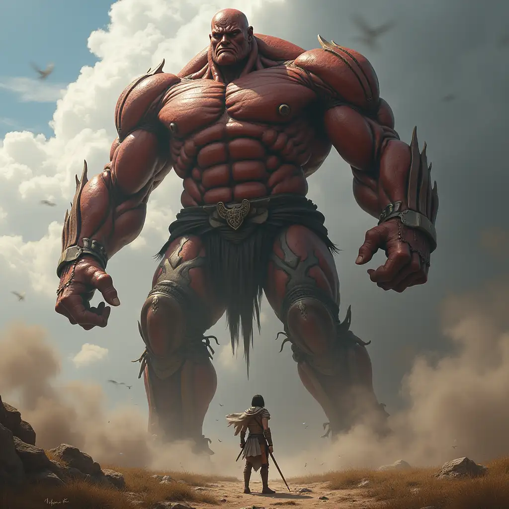 Ultradetailed hyperrealistic photo-realistic portrait of a 20 meter tall titan and a photo-realistic Attack on Titan warrior