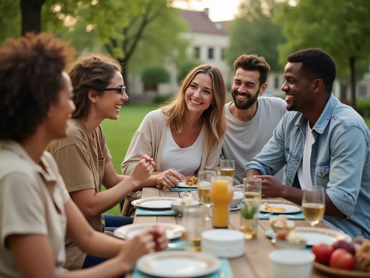 A group of diverse cheerful group of people sititng outdoors in summer during neighbourhood gathering laughing and talking as real life communication benefits