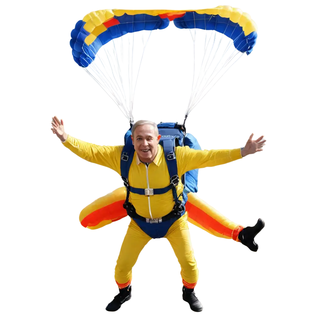 Netanyahu skydiving in a clown suit