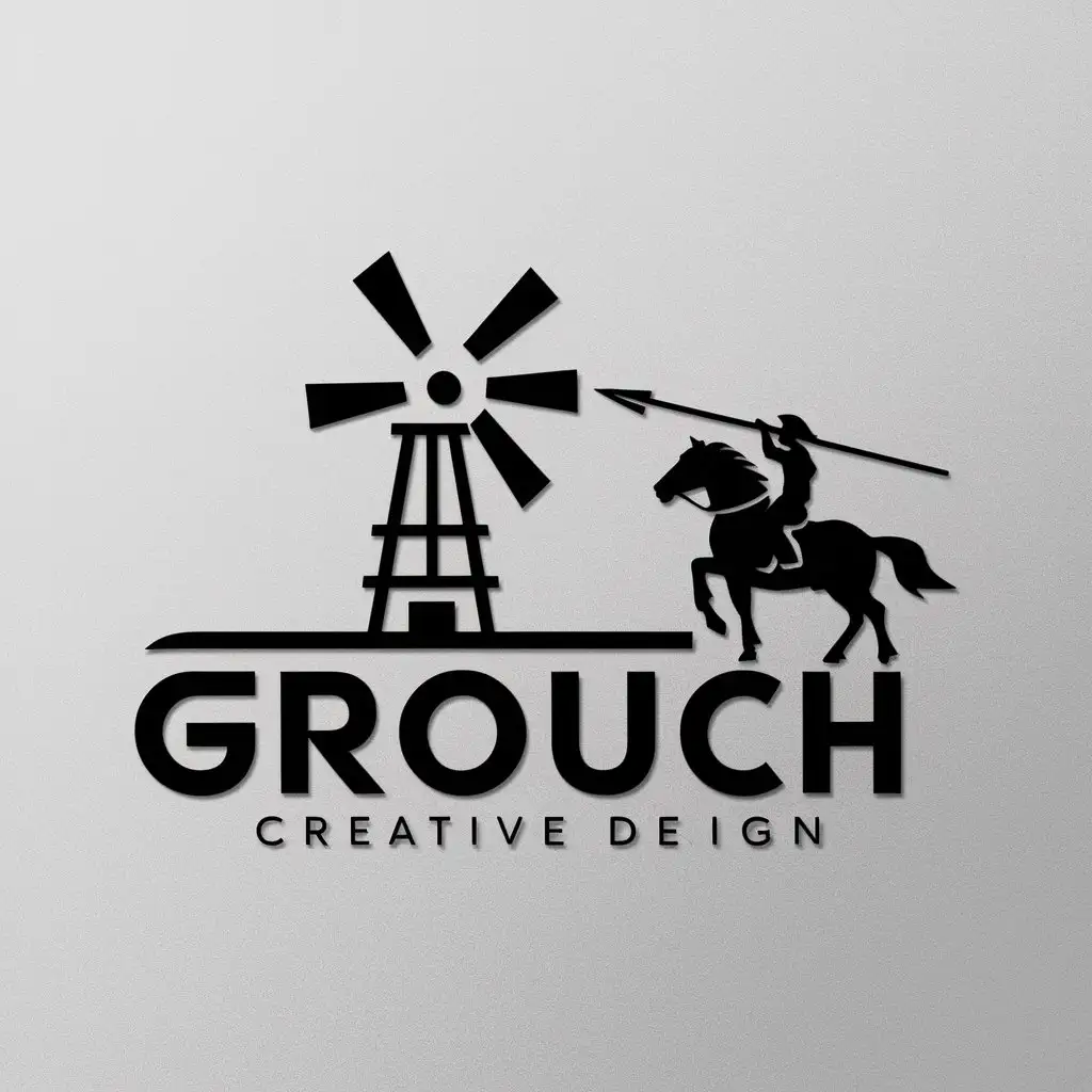 a logo design,with the text "Grouch", main symbol:Windmill near a rider with a spear targeting the windmill,Moderate,be used in Others industry,clear background