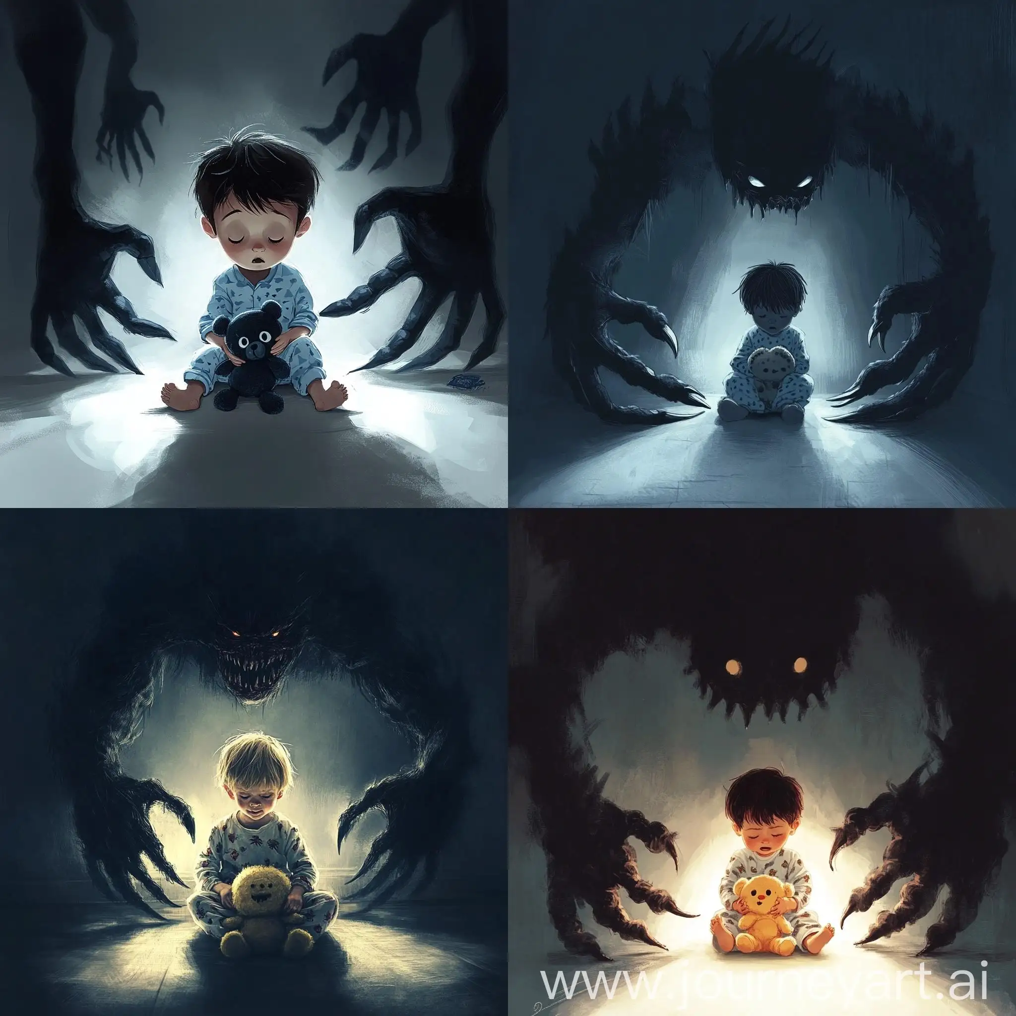 Frightened-Child-in-Dark-Room-Surrounded-by-Monsters-Hands