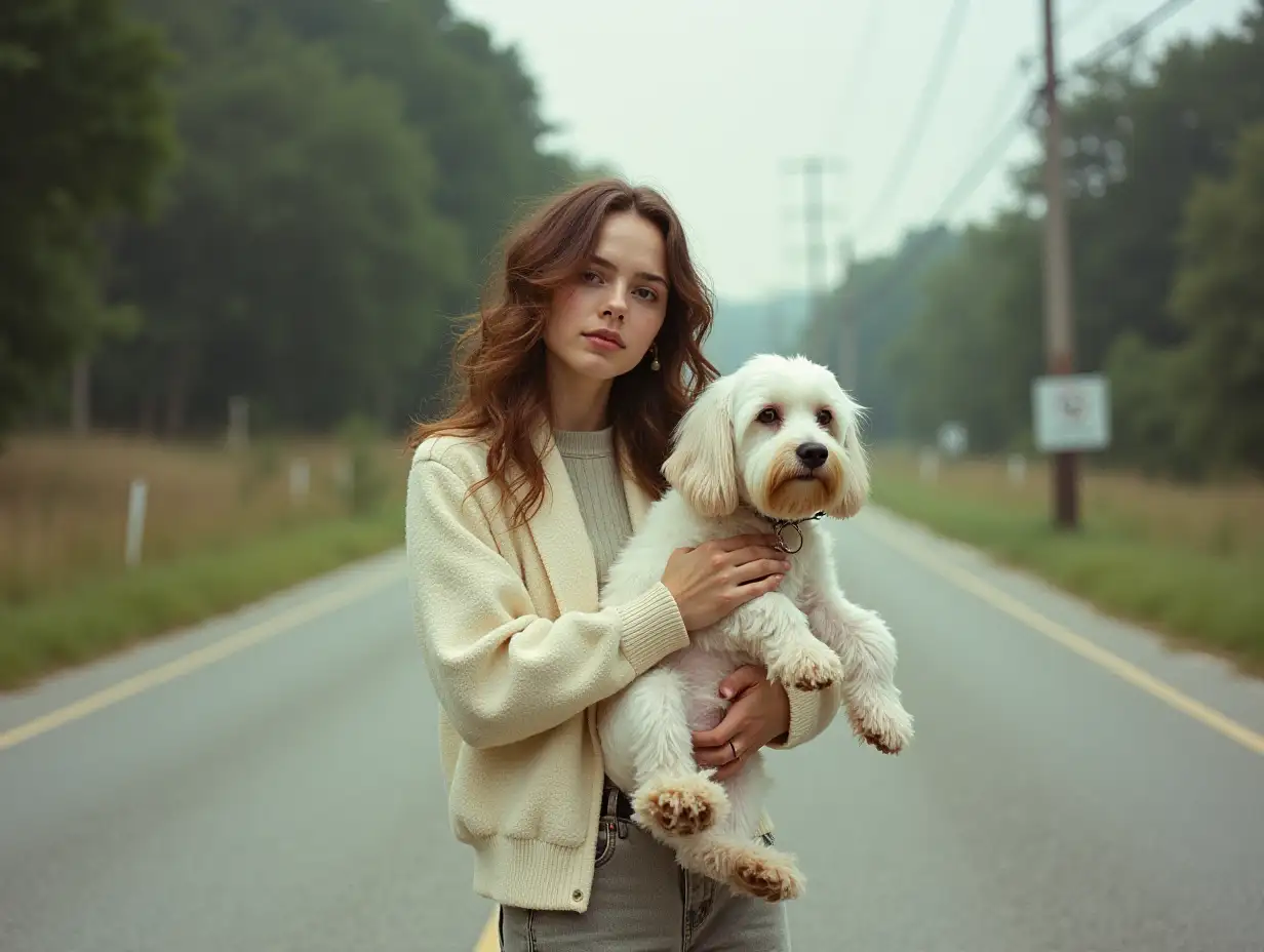 Fashion image of a girl at the crossroads with a white king charles spaniel Effekt Kodak Portra 400 Webcam Style Shot