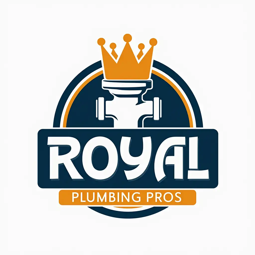 Create a sleek and modern logo for 'Royal Plumbing Pros LLC' featuring a gold crown on top of a stylized water pipe. The color scheme should use dark blue (#161e3c), orange (#ed5901), and white (#fff) to reflect professionalism and trust. The font should be bold and strong, with a clean and minimalist layout. The design should feel premium, reliable, and high-end, perfect for a leading plumbing company.