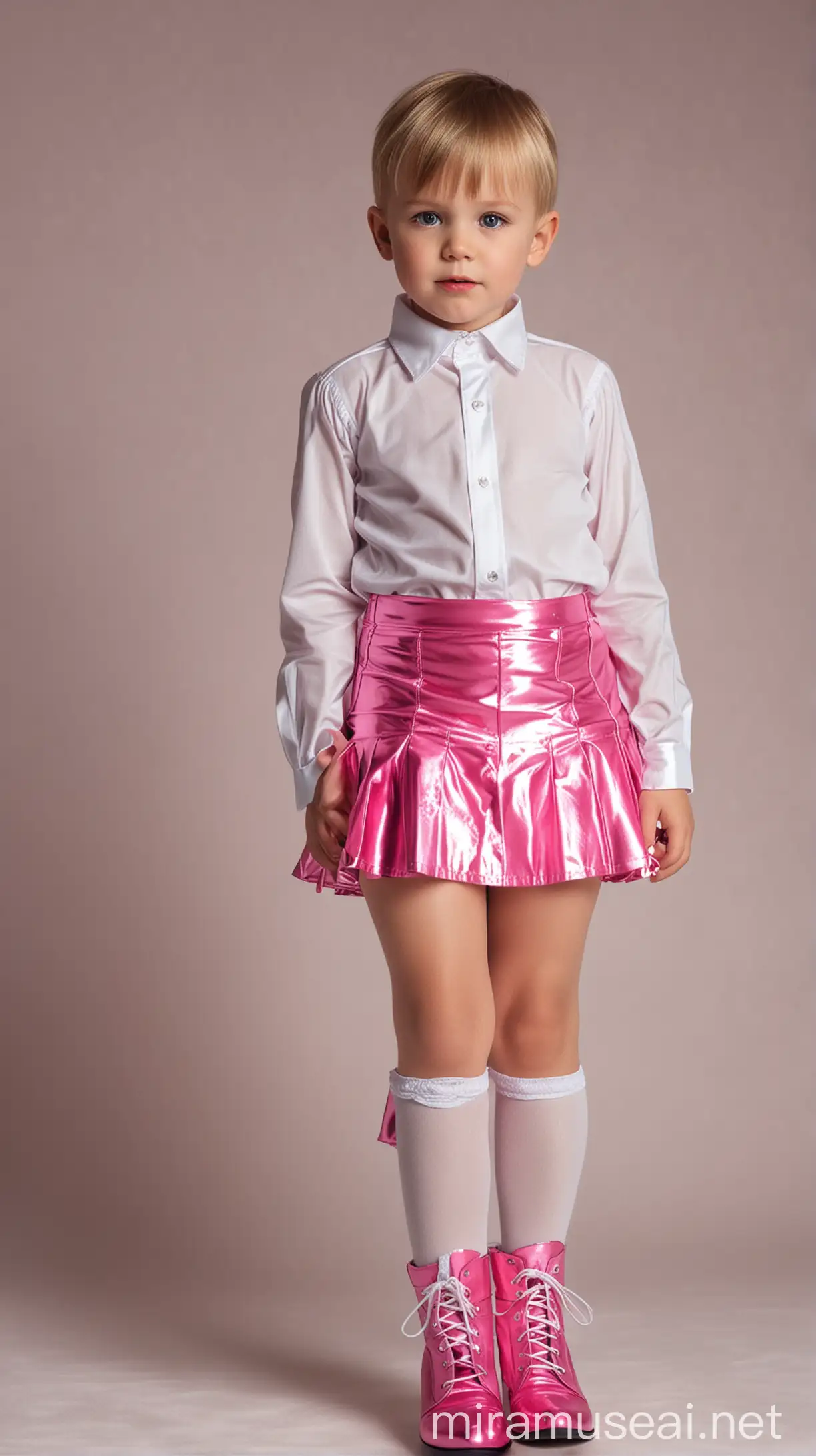 Young Boy in Pink Mini Skirt and Shiny High Heels