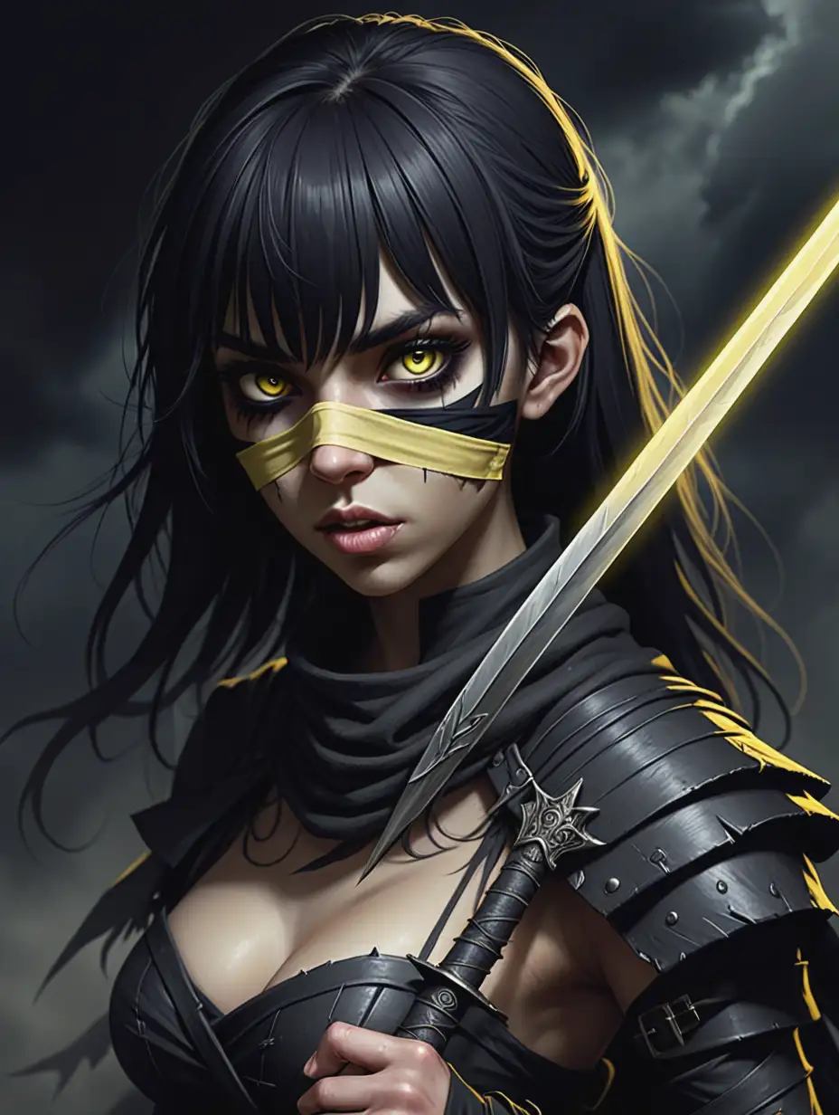 a young female warlock. she has light skin, long straight black hair with bangs, and the iris of her right eye is yellow. she is dressed in black bandages, she has oblique black bandages covering her left eye, on the left side of her face she has a gash that starts from the eye and reaches up to her lower lip. she has part of her right face uncovered, her neck completely uncovered, and her right shoulder uncovered, while her left arm is completely covered in black bandages. The black bandages are mummy style. She has a half absent, half psychopathic look. she is in the fighting posture of a swordswoman, holding a rapier with a black hilt inlaid with raven feathers and a thin yellow and black blade that emits a dim light. dark cloudy background.
the image is in a dark fantasy style similar to dungeons and dragons. Render this in a digital painting style.
half-length shot