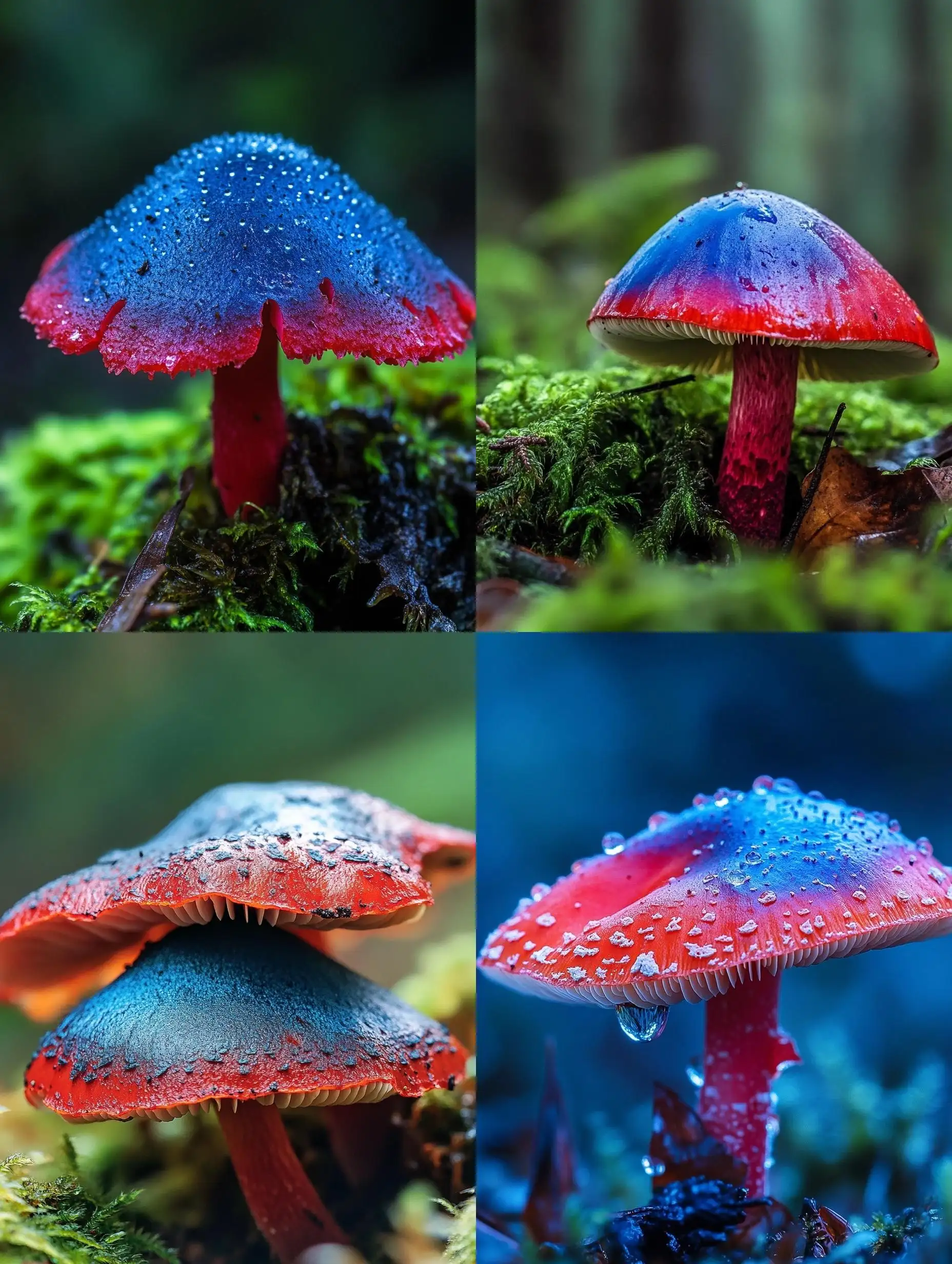 Macro-Photograph-of-Red-and-Blue-Mushroom-in-Damp-Forest