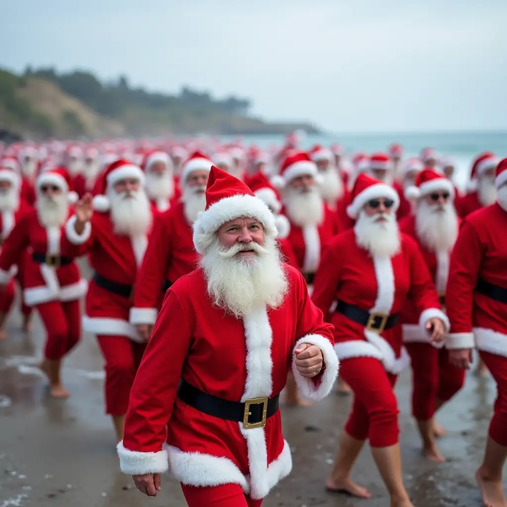 Thousands of Santa Clauses emerge from the beach, photo