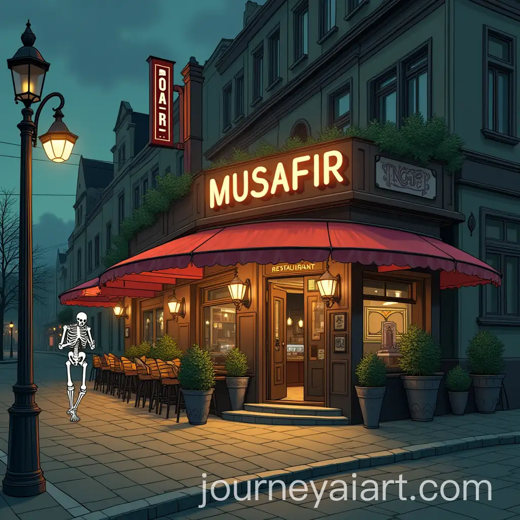 Humanoid-Skeleton-Walking-Past-Musafir-Restaurant-in-Kiev-at-Night