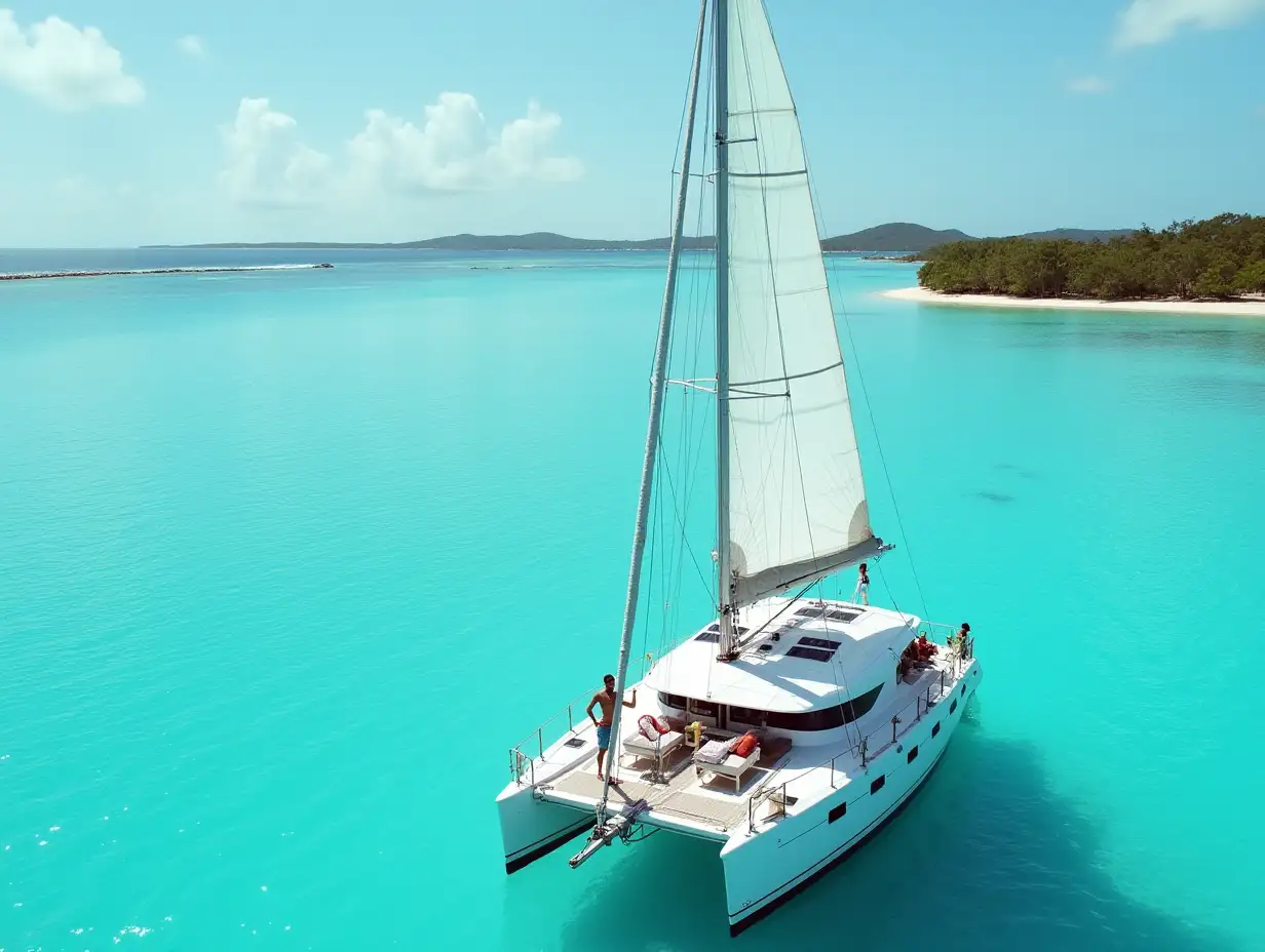 a yacht with sails in turquoise water beside a caribbean island. there is a man on board with a cocktail.