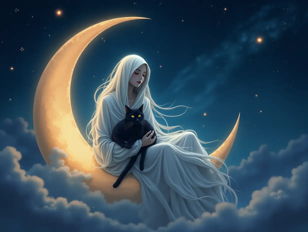 An enchanting ghost figure cradling a black cat, sitting atop a crescent moon amidst a starry, cosmic background. The moon glows with a gentle, warm light, casting shadows across the ghost's flowing form. The sky is rich with deep blues and purples, dotted with twinkling stars and swirling clouds. The artwork should reflect a celestial illustration with a fantasy theme, soft color blending, mystical glow, detailed textures, ethereal lighting, high contrast, and magical realism.