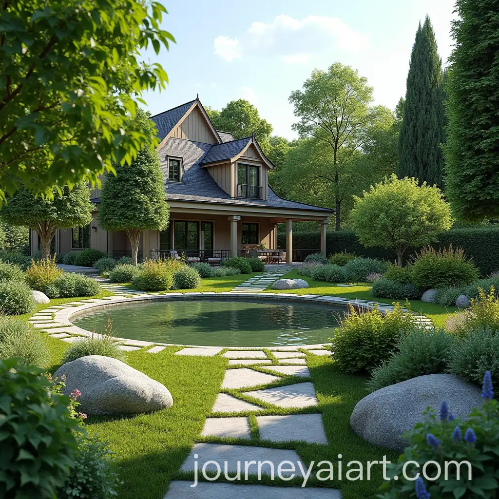 Landscape-Gardening-Design-for-Suburban-House-with-Pond-Pathways-Trees-and-Flowers