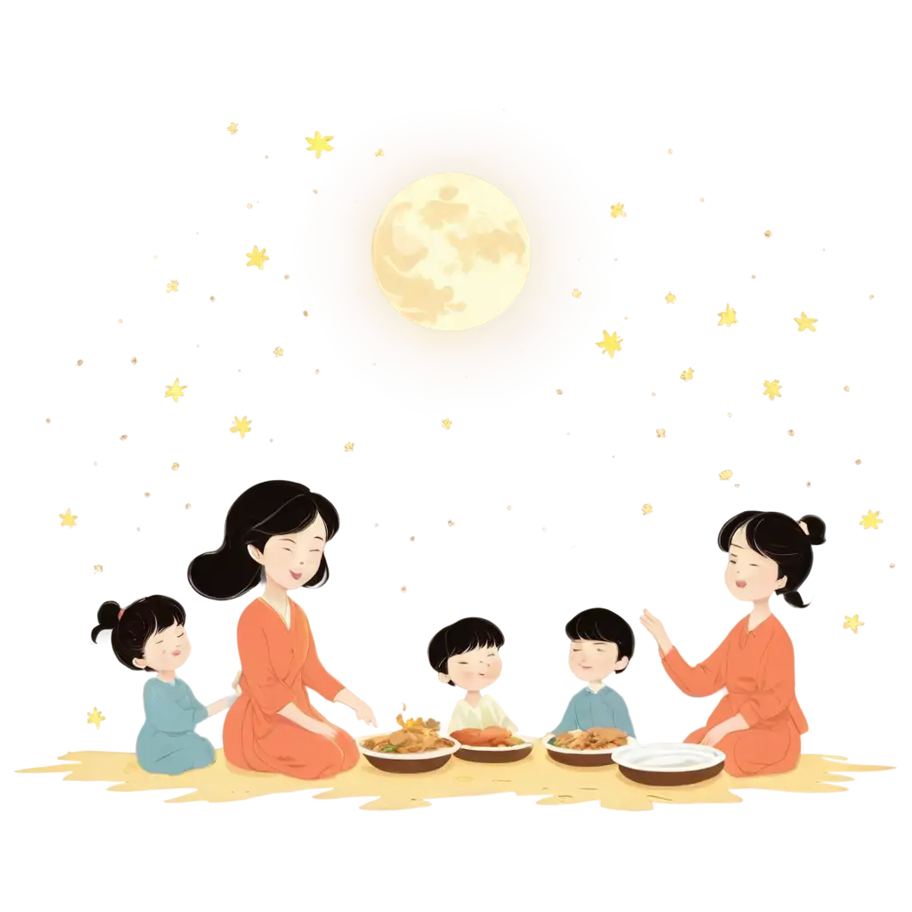 On the Mid-Autumn Festival, there is a bright moon in the sky, and a family on the ground has a family reunion dinner