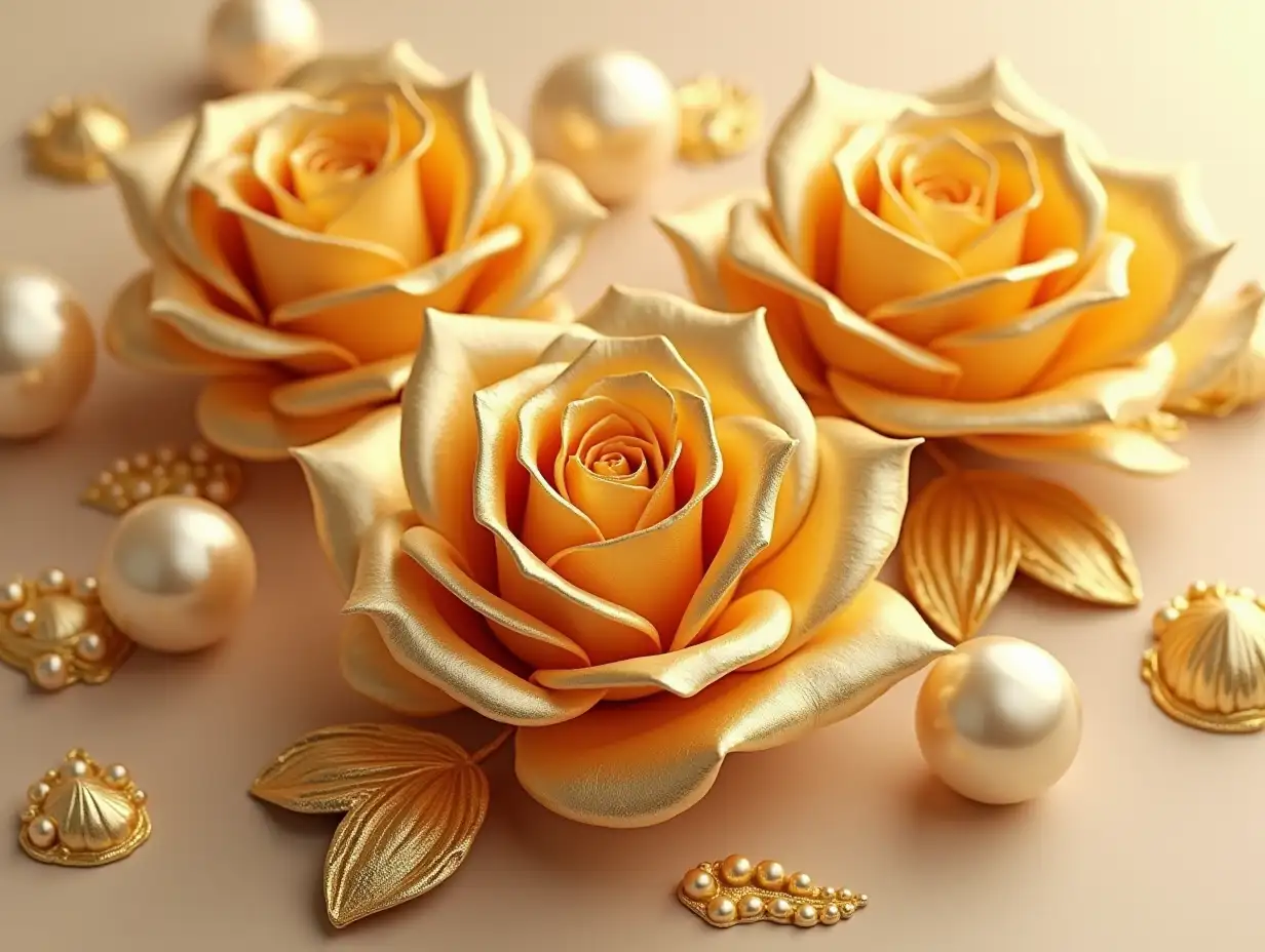 Create an image featuring luxurious golden roses with intricate details. The roses should have a metallic sheen, with petals that appear smooth and reflective. Surround the roses with golden leaves and clusters of pearls, adding a touch of elegance and opulence. The background should be a soft, neutral tone to highlight the golden elements. Ensure the composition is rich and visually captivating, emphasizing the contrast between the metallic roses and the delicate pearls. 3D hyperrealism