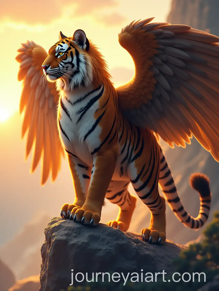 Majestic-Hybrid-Creature-with-Tiger-Body-and-Eagle-Wings-Perched-on-Cliff-at-Sunrise