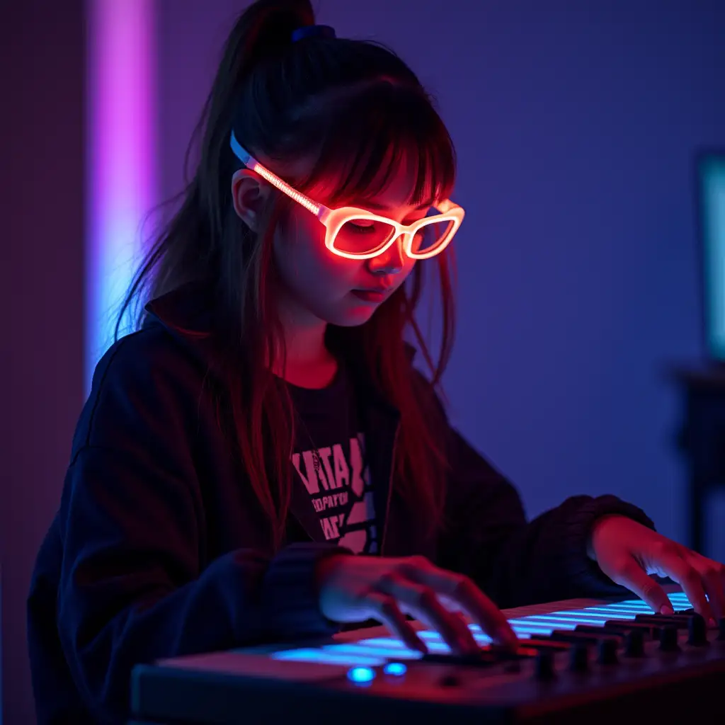 A girl in electro punk music style with glowing glasses is playing synthesizer