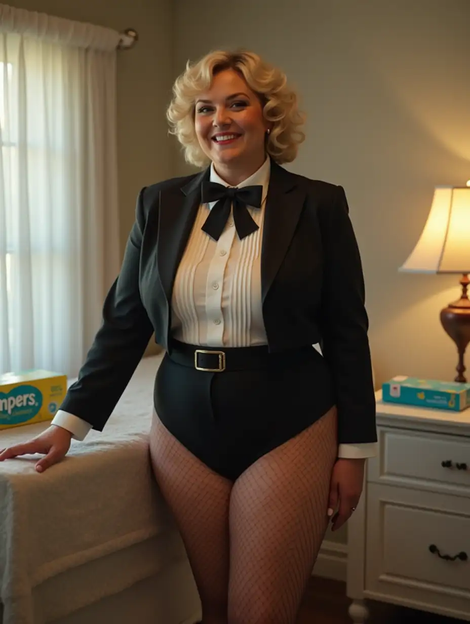 Caucasian-Woman-in-Formal-Orchestra-Tuxedo-by-Nursery-Changing-Table-with-Diapers