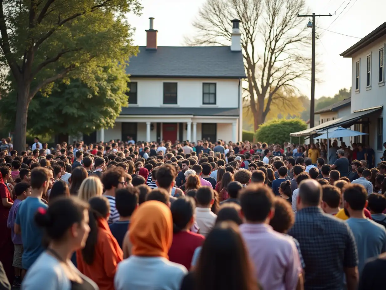 Many people of Indian origin gather in the street in front of a house