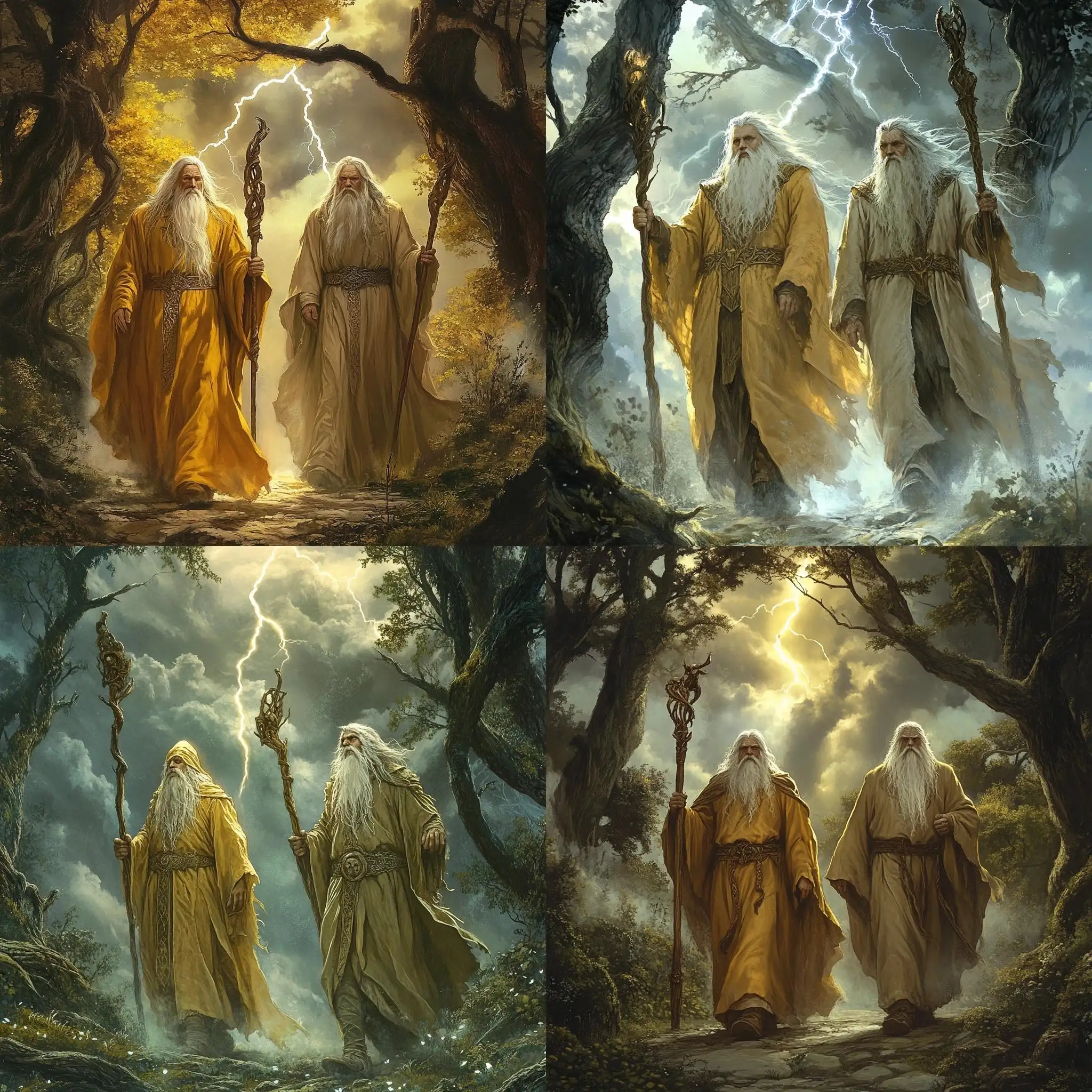 Two-Wizards-Walking-Through-an-Enchanted-Forest-with-Lightning-Bolt