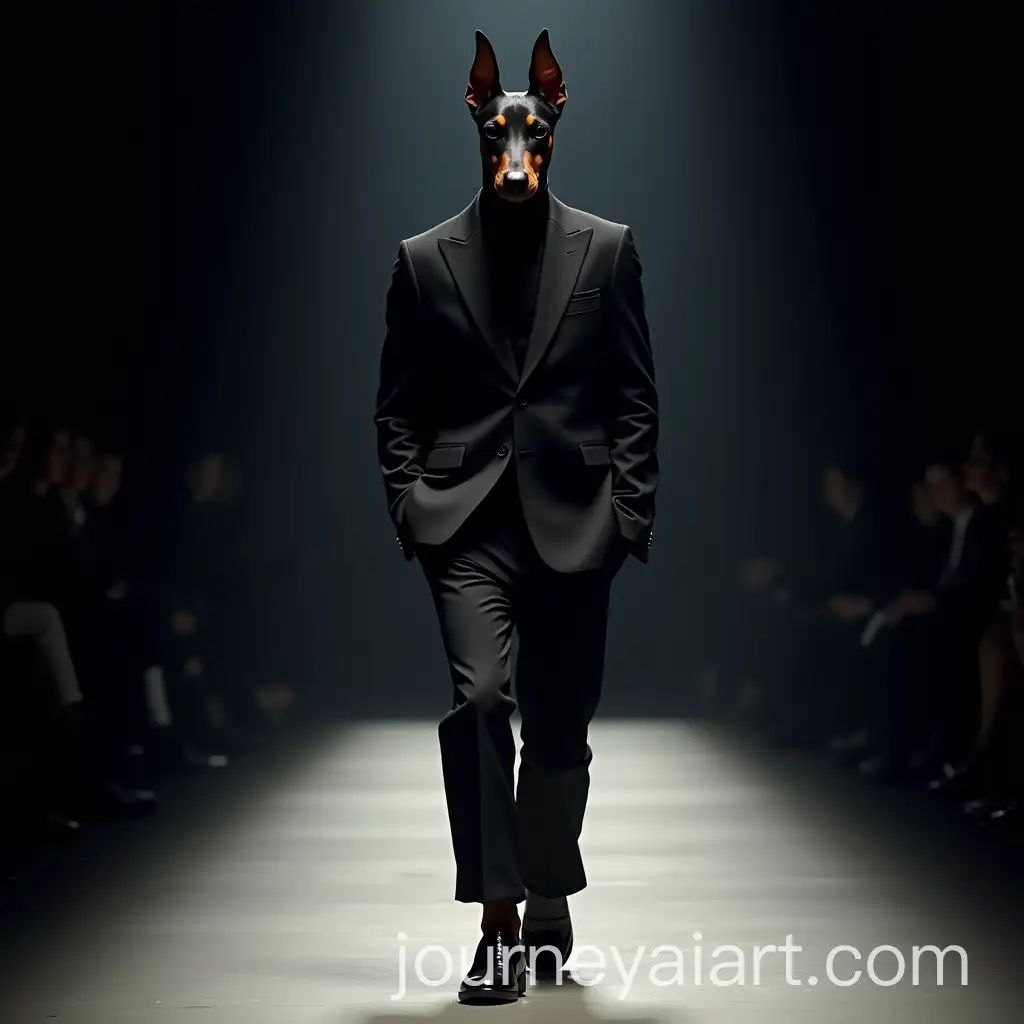 Dobermann-Pinscher-as-Balenciaga-Model-on-the-Runway-in-Elegant-Fashion