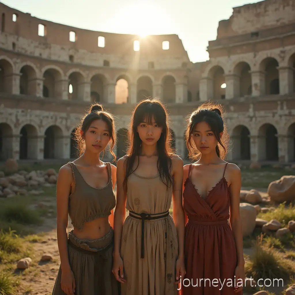 Three-Young-Women-in-Ancient-Roman-Colosseum-with-Tattered-Medieval-Clothing