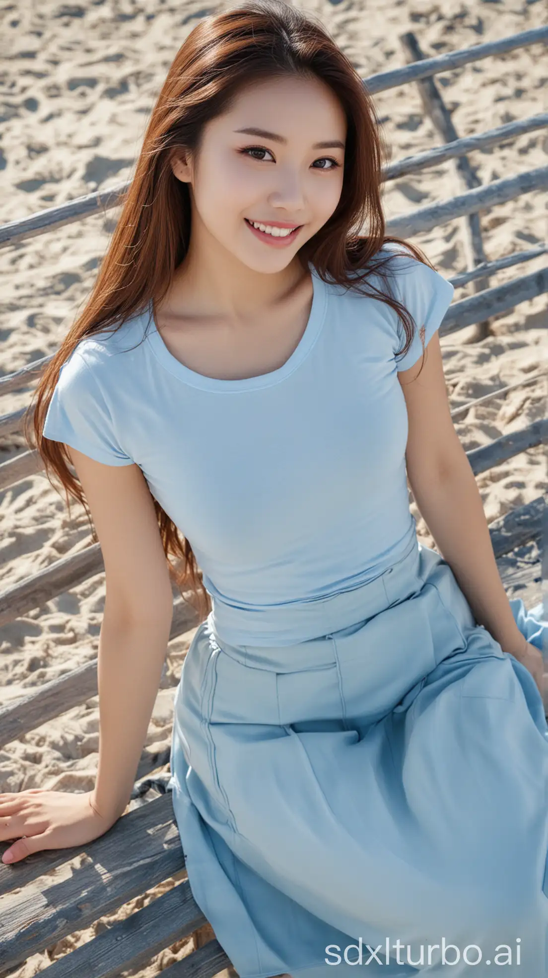 Chinese-Beauty-with-Sweet-Smile-Relaxing-at-the-Beach-in-Winter-Outfit