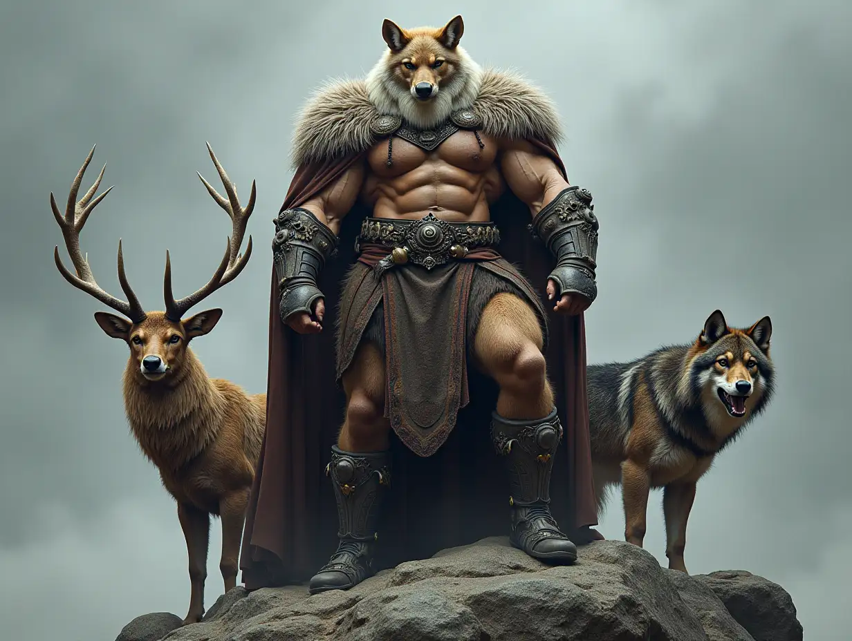 A highly detailed photo. A full body representation of an Animal-Hybrid bodybuilder with armor and elk and wolf on a rock